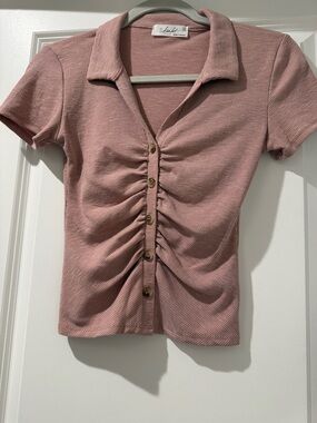 Skonhet Dusty Rose Ribbed Ruched Button-Front Shirt